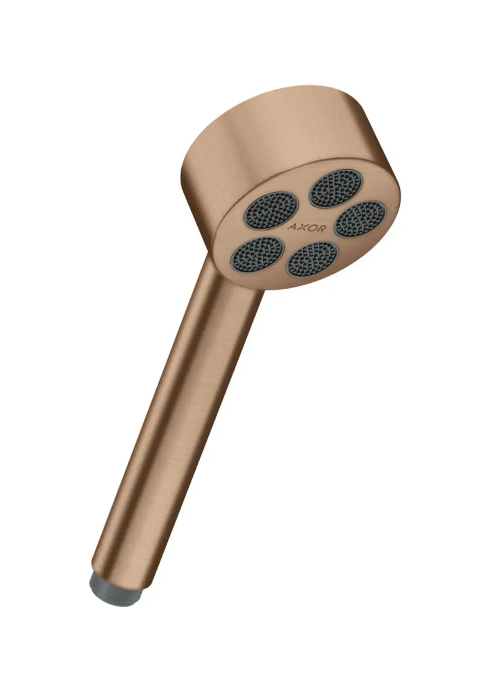 Brausekopf in gebürstetem Rotgold von AXOR mit mehreren Düsen. Der Handbrauseaufsatz hat eine runde Form und einen langen Griff.